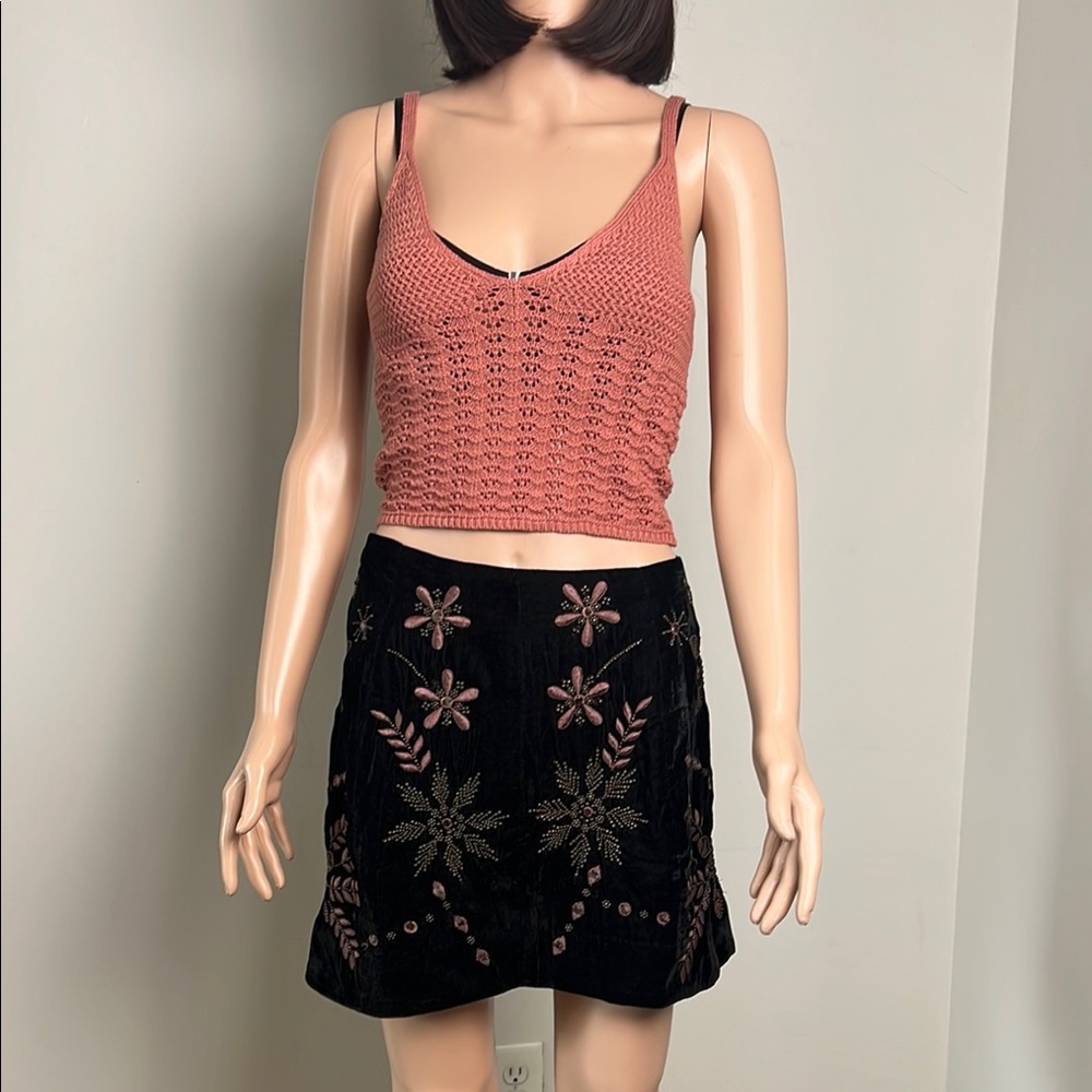 Free People Black Mini Skirt with Pink Floral Embroidery